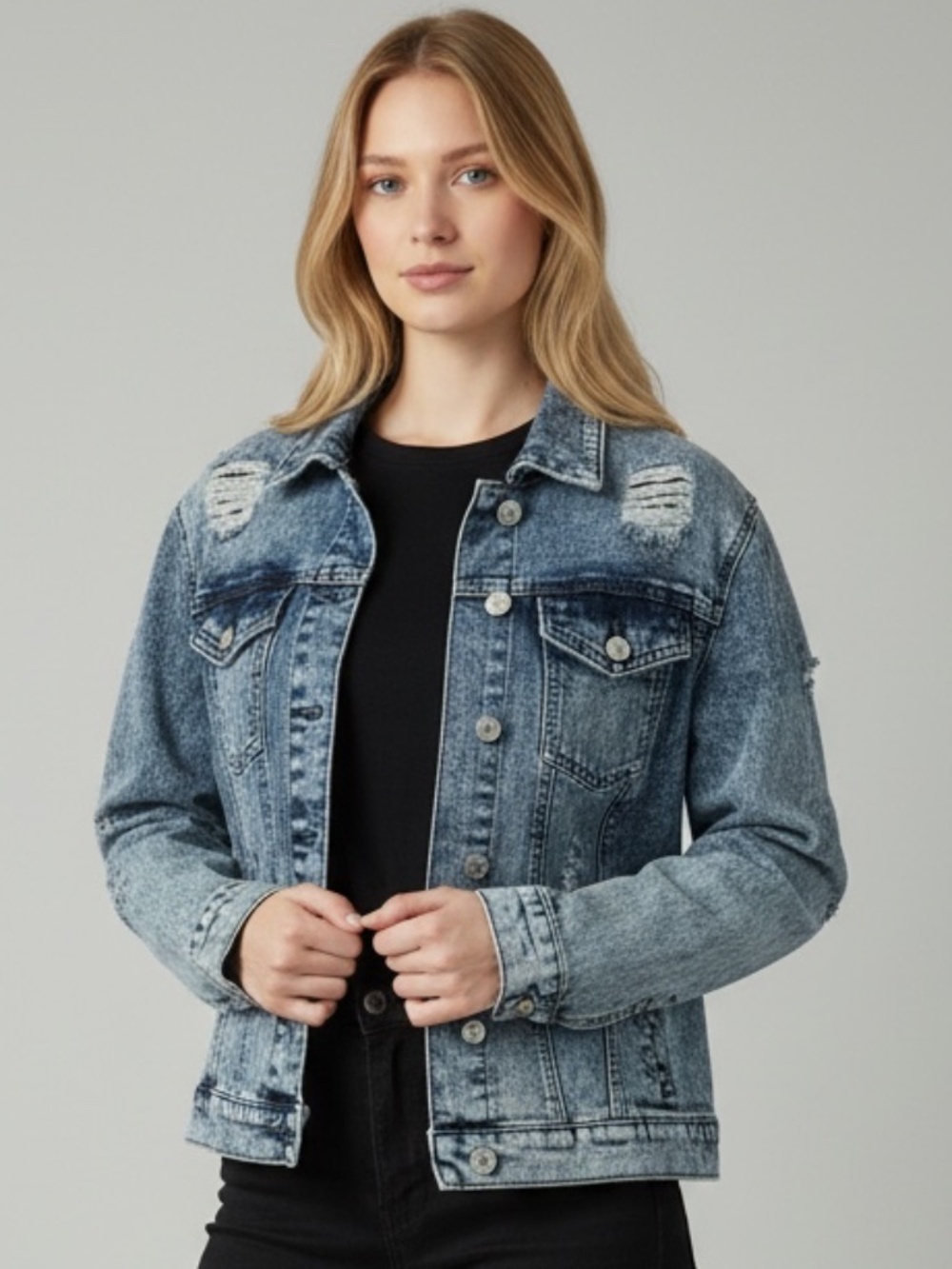 Cato Distressed Acid Wash Denim Jean Jacket Blue Small